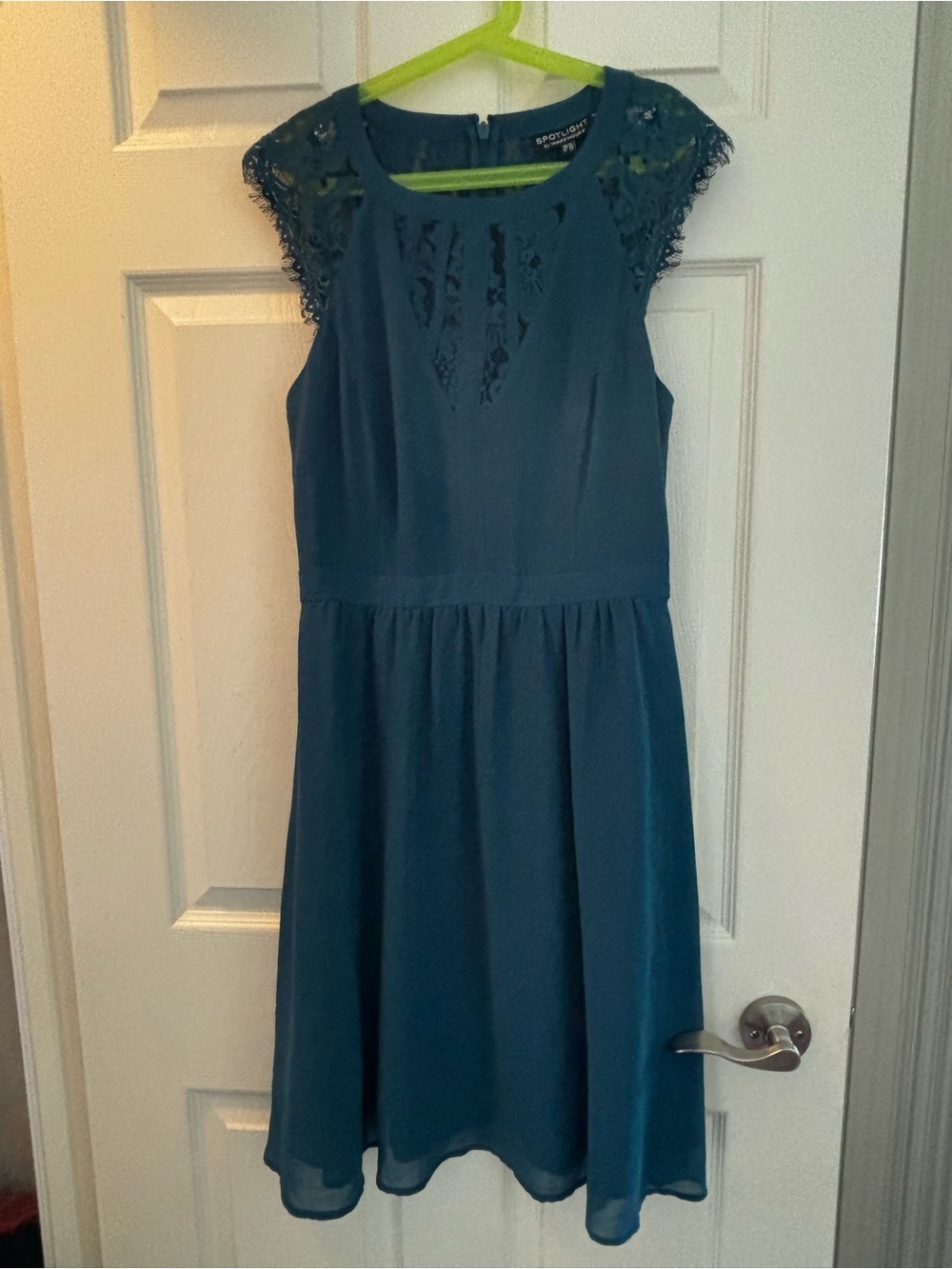 Warehouse Teal Lace-Cap Sleeved Backless Dress